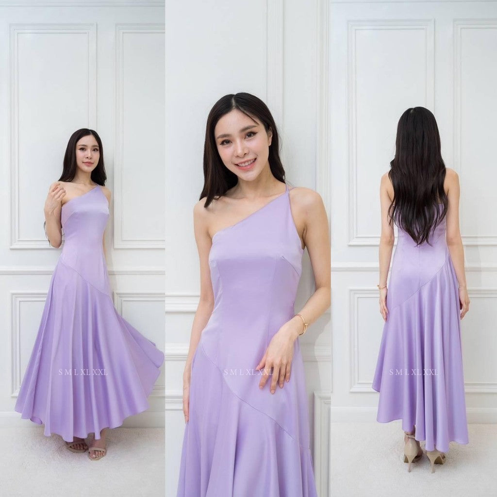 ชุดไปงานแต่ง เรียบหรู ดูแพง ชุดราตรี N292 เดรสยาว ปาดไหล่ 2 สาย กระโปรงยาว หางปลา Woman Dress ซาติน เสื้อผ้า ผู้หญิง