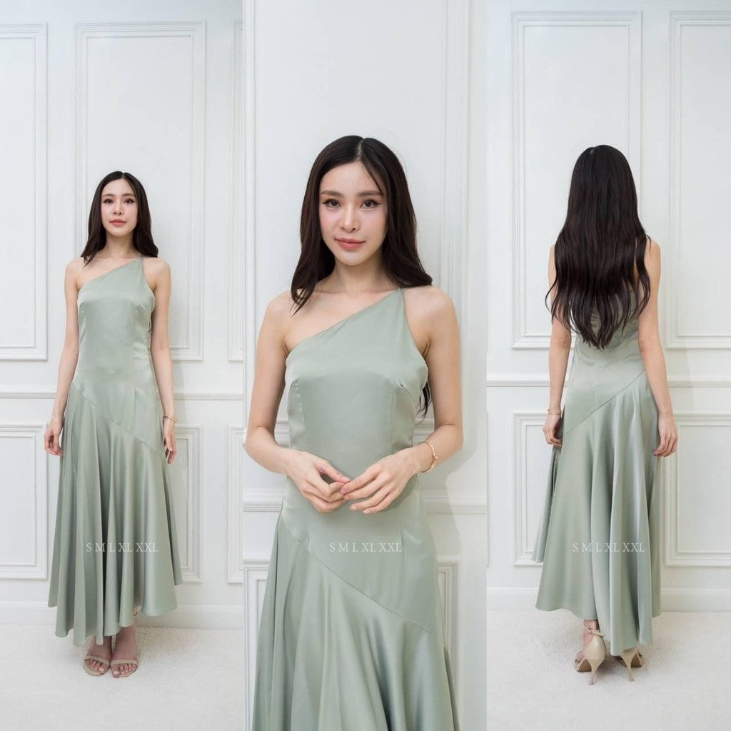 ชุดไปงานแต่ง เรียบหรู ดูแพง ชุดราตรี N292 เดรสยาว ปาดไหล่ 2 สาย กระโปรงยาว หางปลา Woman Dress ซาติน เสื้อผ้า ผู้หญิง