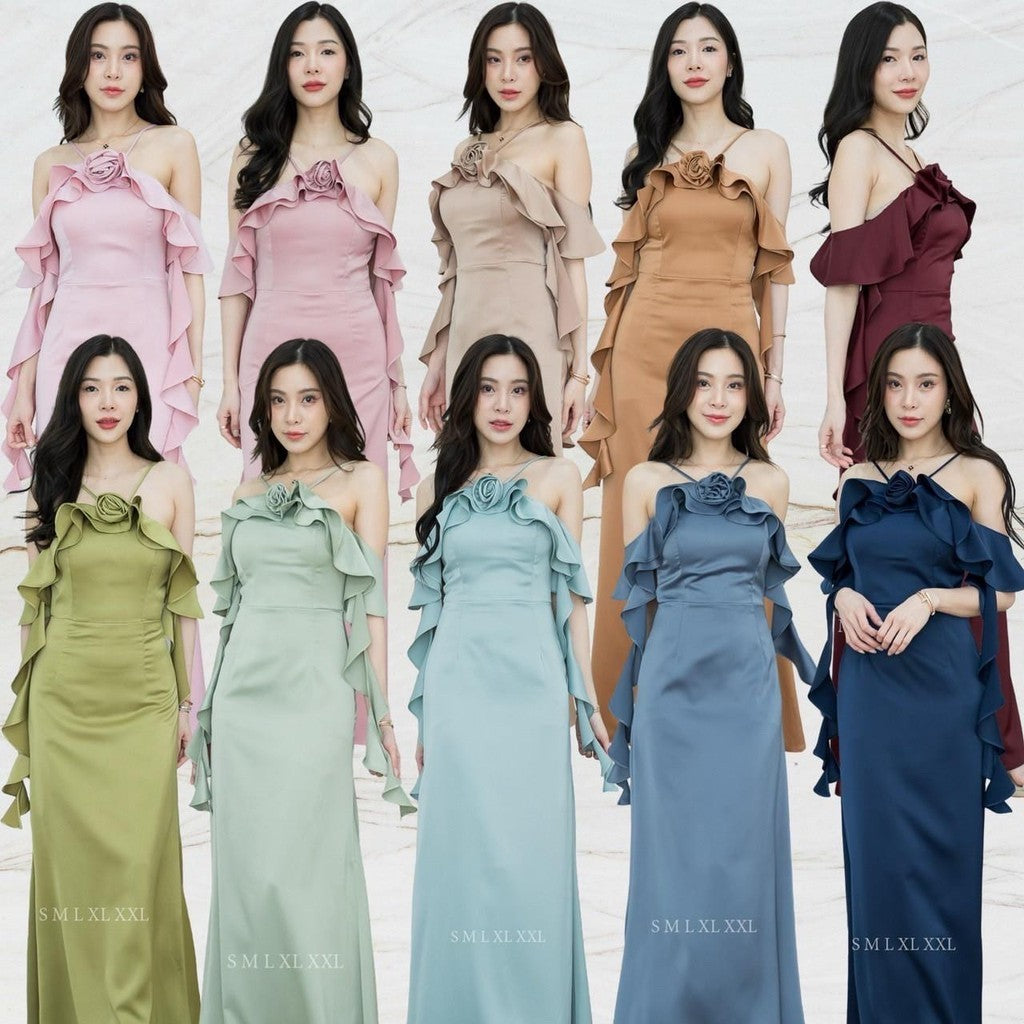 เดรสยาว เดรสออกงาน NP037 ชุดเดรส ชุดราตรี เกรดพรีเมี่ยม สายเดียว มีดอกไม้ งานแต่งงาน Woman Dress
