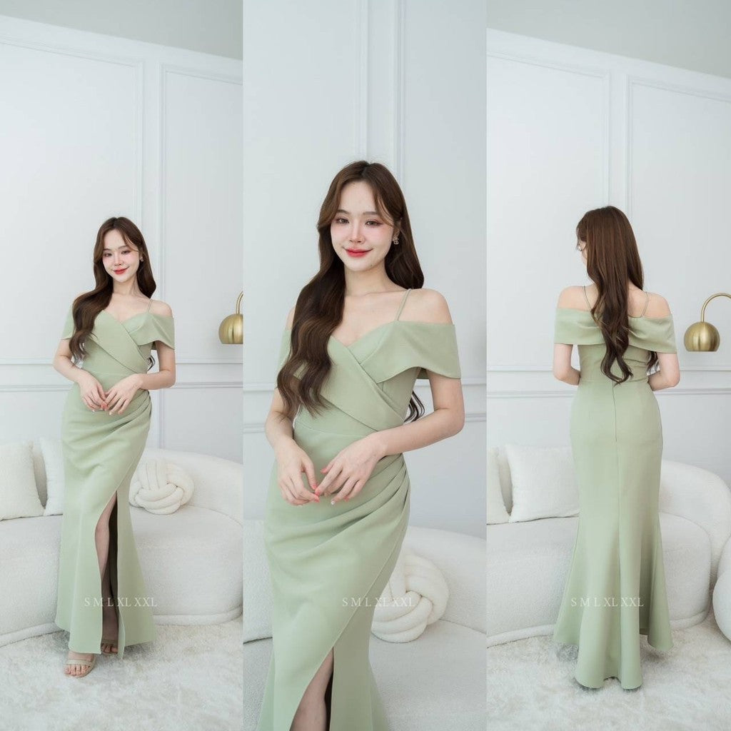 เดรสยาว ชุดออกงาน ชุดราตรียาว เดรสหรู N295 ผ้าโคโค่ สายเดี่ยวอ้อมแขน ต่ออก งานแต่งงาน Woman Dress ซาติน เสื้อผ้า ผู้หญิง