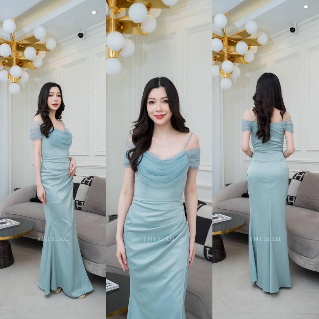 ชุดไปงานแต่ง เรียบหรู ดูแพง ชุดราตรี NP049 เกรดพรีเมี่ยม ผ้าเครปซาติน สายเดี่ยว มุ้งคอถ่วง  Woman Dress เสื้อผ้า ผู้หญิง