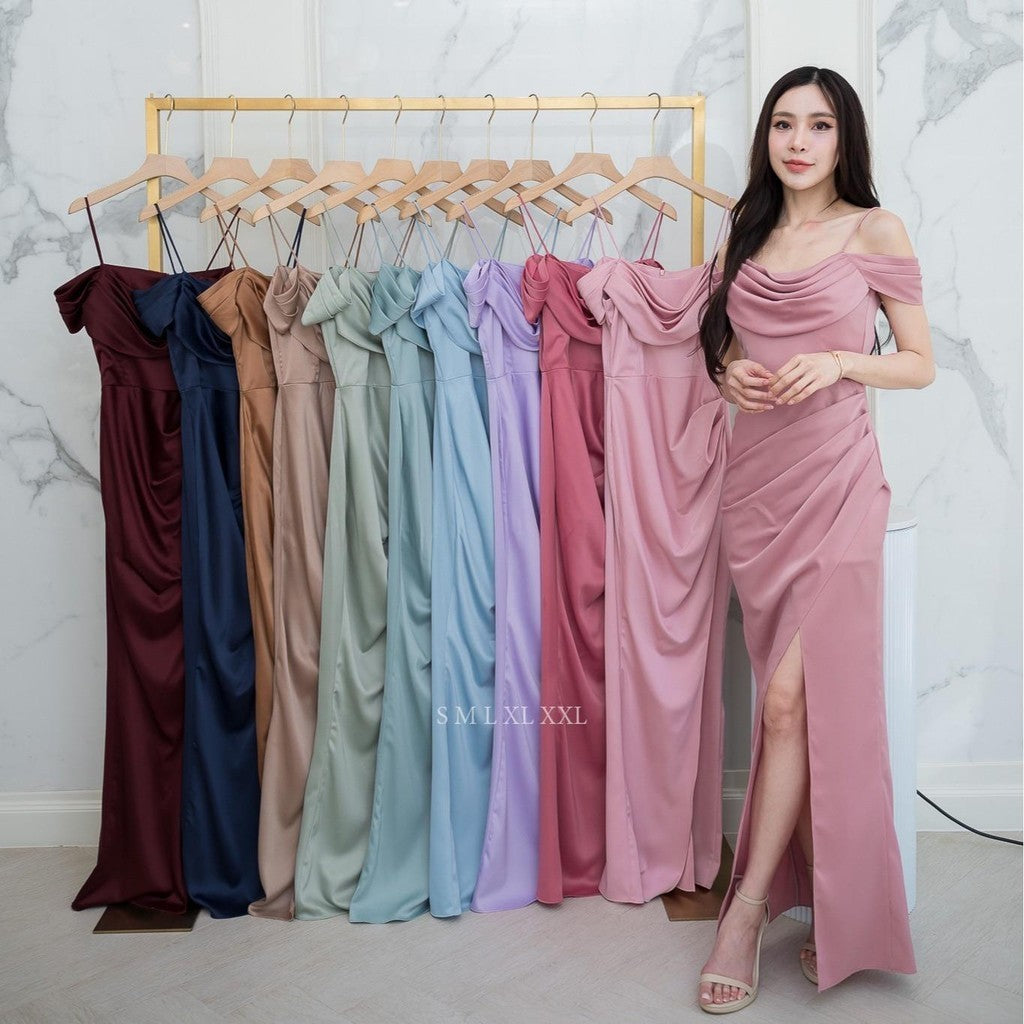ชุดไปงานแต่ง เรียบหรู ดูแพง ชุดราตรี N294 ผ้าเครปซาติน คอถ่วง3ชั้น ระบาย งานแต่งงาน Woman Dress ซาติน เสื้อผ้า ผู้หญิง