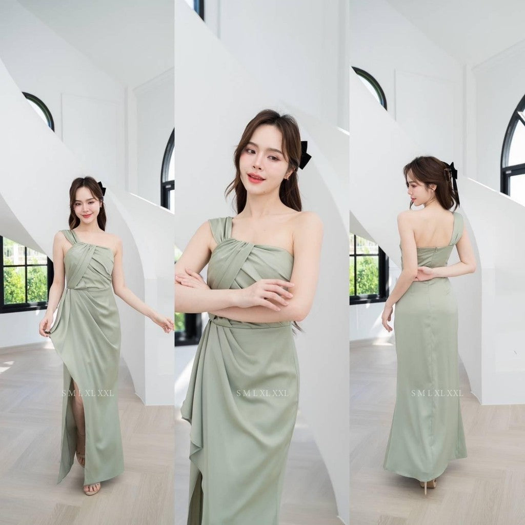 เดรสยาว ชุดเดรส ชุดราตรี NP045 พรีเมี่ยม แต่งอกเก๋ๆ กระโปรงยาว จีบพรางท้อง Woman Dress ผู้หญิง