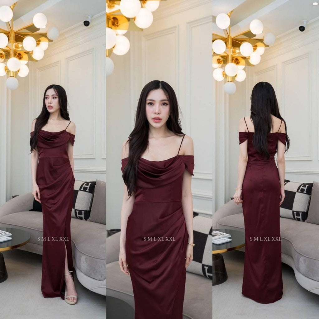 ชุดไปงานแต่ง ชุดไปงานแต่งงาน ชุดเดรส ชุดราตรี N294 ผ้าเครปซาติน คอถ่วง3ชั้น ระบายแยก อิสระ งานแต่งงาน เสื้อผ้า ผู้หญิง