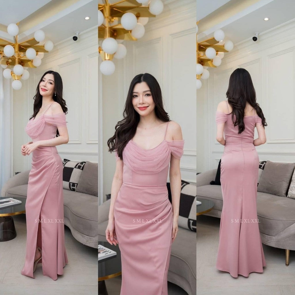 ชุดไปงานแต่ง เรียบหรู ดูแพง ชุดราตรี NP049 เกรดพรีเมี่ยม ผ้าเครปซาติน สายเดี่ยว มุ้งคอถ่วง  Woman Dress เสื้อผ้า ผู้หญิง