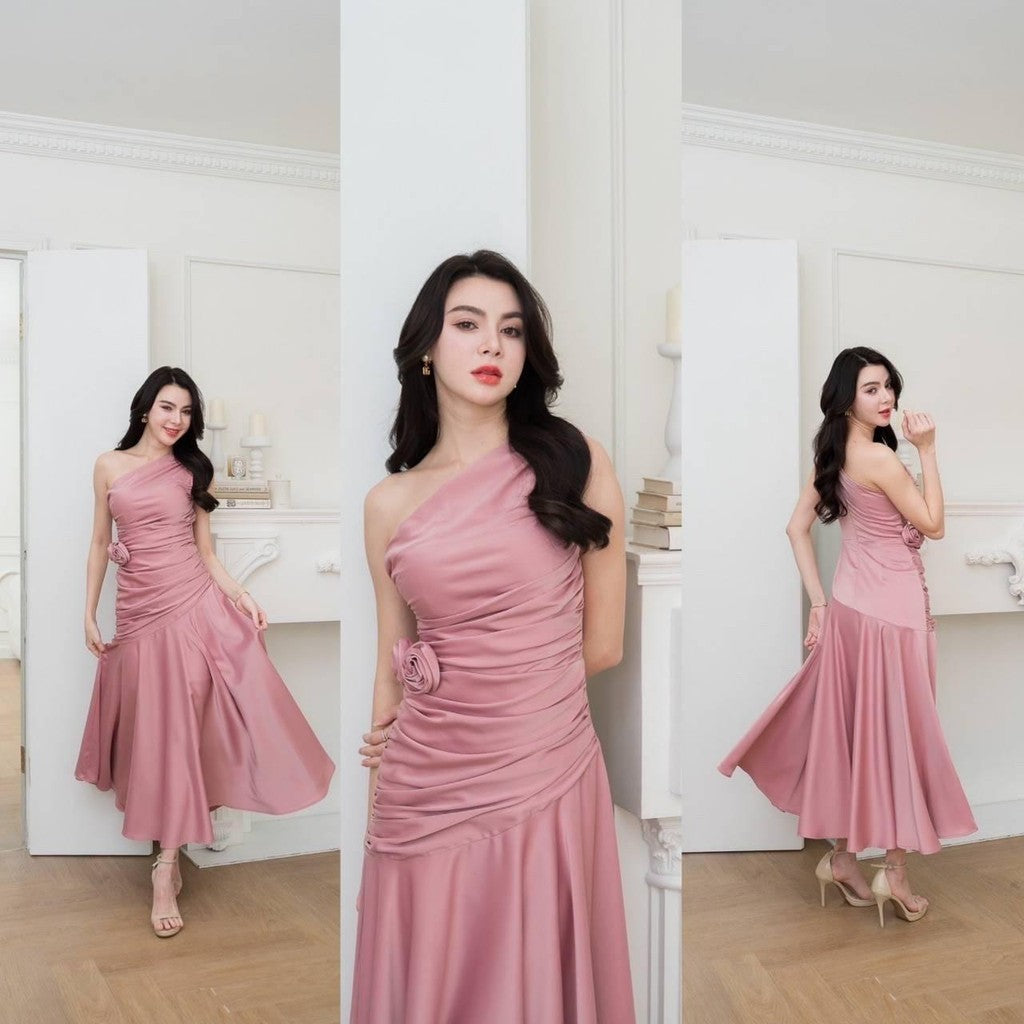 เดรสยาว ชุดออกงาน ชุดราตรียาว เดรสหรู NP050 เกรดพรีเมี่ยม ไหล่เบี่ยง Woman Dress เสื้อผ้า ผู้หญิง