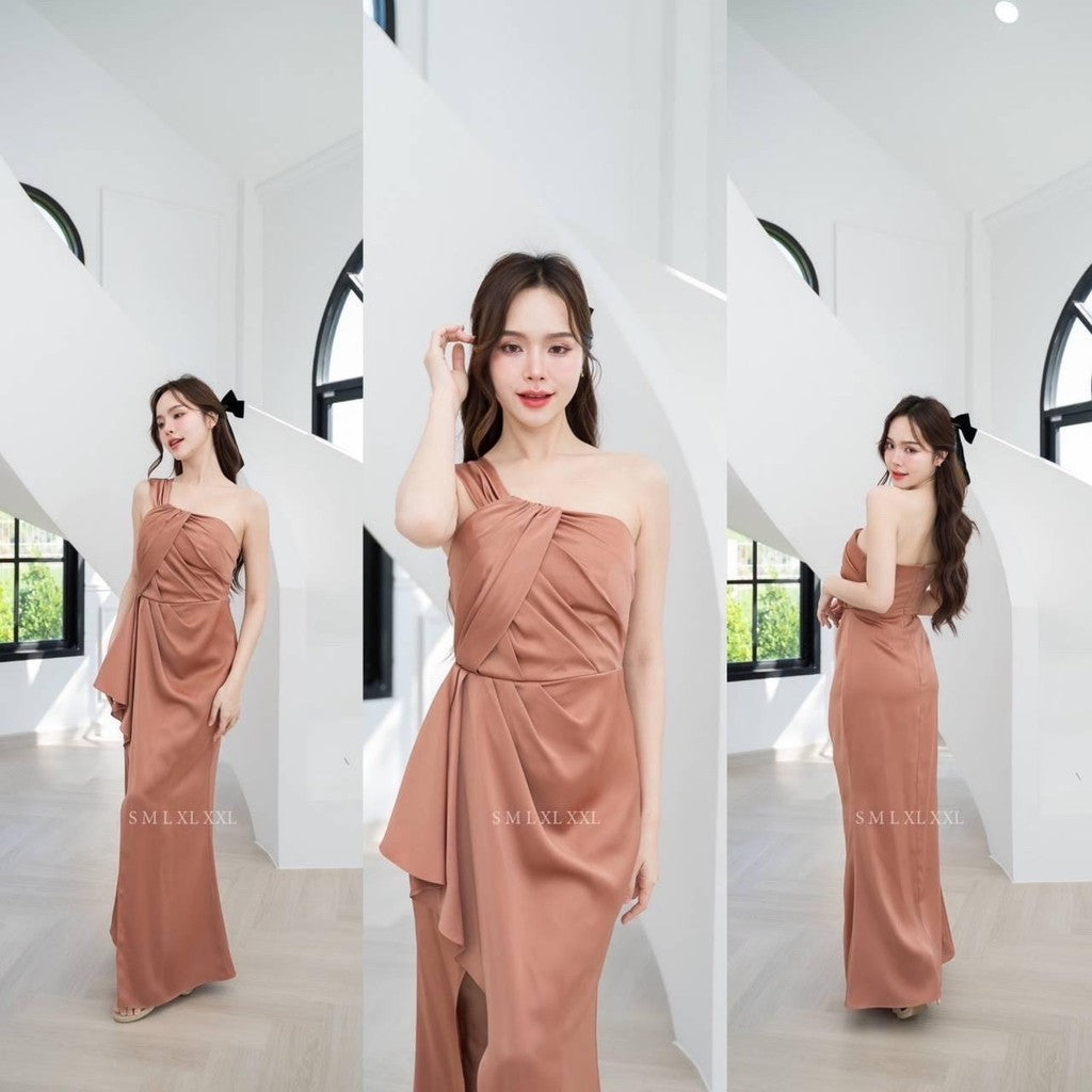 เดรสยาว ชุดเดรส ชุดราตรี NP045 พรีเมี่ยม แต่งอกเก๋ๆ กระโปรงยาว จีบพรางท้อง Woman Dress ผู้หญิง