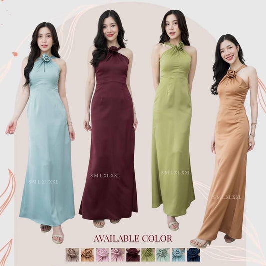 เดรสยาว ชุดออกงาน ชุดราตรียาว เดรสหรู NP040 เกรดพรีเมี่ยม แถมดอกไม้เข็มกลัด 1 ดอก ผูกคอ ผูกแขนได้ Woman Dress