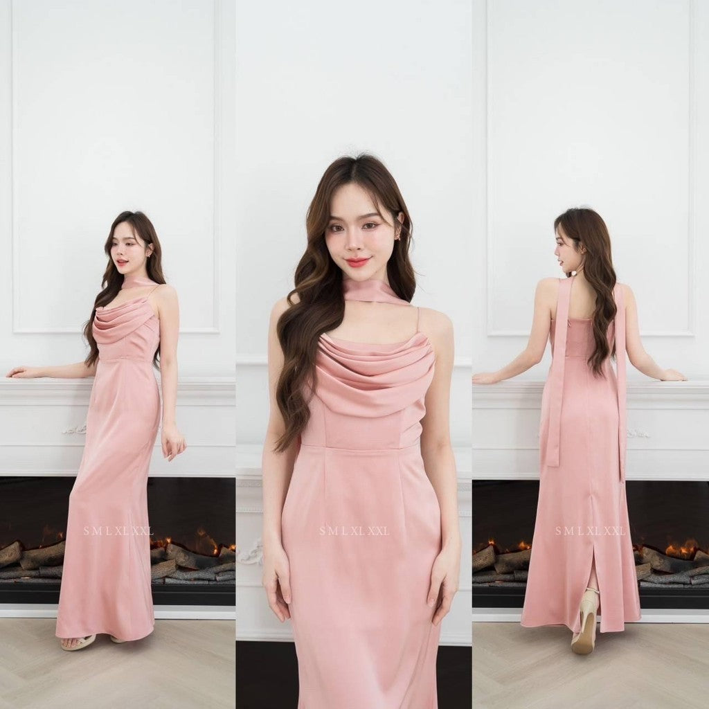 ชุดไปงานแต่ง ชุดไปงานแต่งงาน ชุดเดรส ชุดราตรี N291 ผ้าเครปซาติน เดรสยาว สายเดี่ยว คอถ่วง กระโปรงยาว Woman Dress  ผู้หญิง
