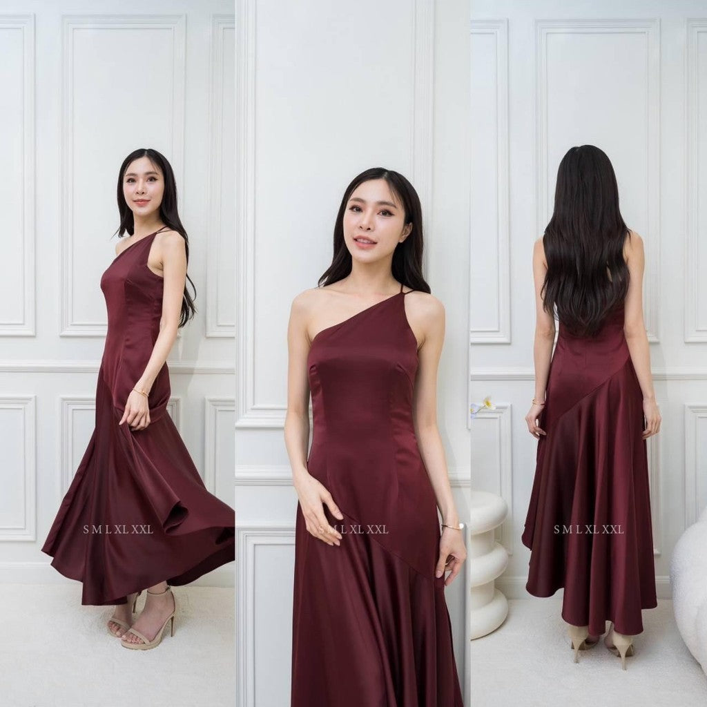 ชุดไปงานแต่ง เรียบหรู ดูแพง ชุดราตรี N292 เดรสยาว ปาดไหล่ 2 สาย กระโปรงยาว หางปลา Woman Dress ซาติน เสื้อผ้า ผู้หญิง