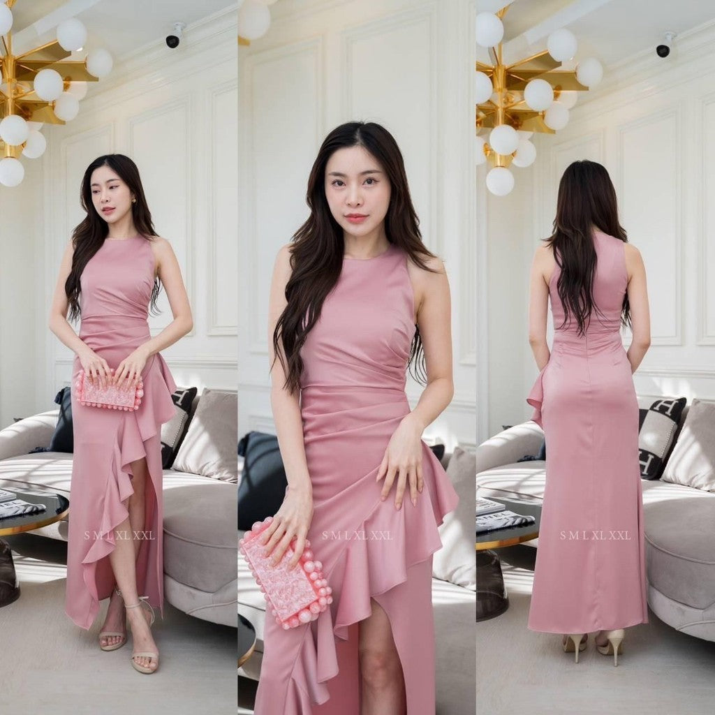 ชุดไปงานแต่ง เรียบหรู ดูแพง ชุดราตรี NP046 เกรดพรีเมี่ยม คอกลม กล้ามแขนกุด กระโปรงจีบ ระบาย Woman Dress เสื้อผ้า ผู้หญิง