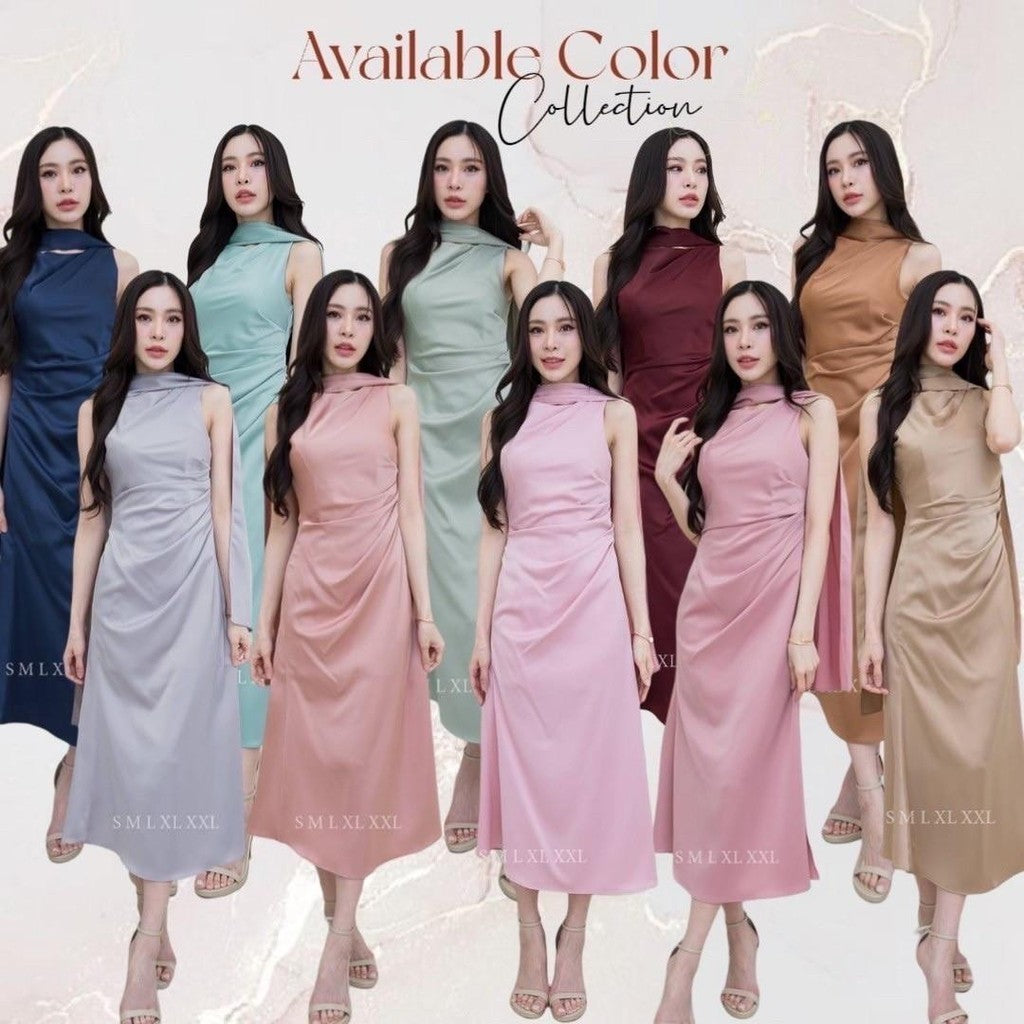 เดรสยาว ชุดออกงาน ชุดราตรี เดรสหรู N293 ผ้าเครปซาติน คอกลม แขนกุด แถมผ้าพันคอ ผู้หญิง Dress Woman