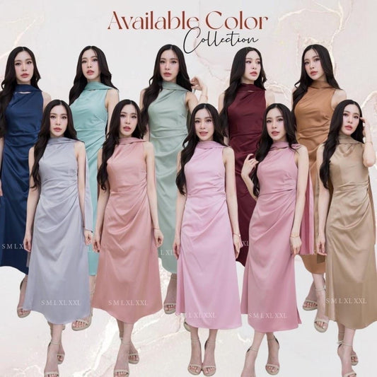 เดรสยาว ชุดออกงาน ชุดราตรี เดรสหรู N293 ผ้าเครปซาติน คอกลม แขนกุด แถมผ้าพันคอ ผู้หญิง Dress Woman