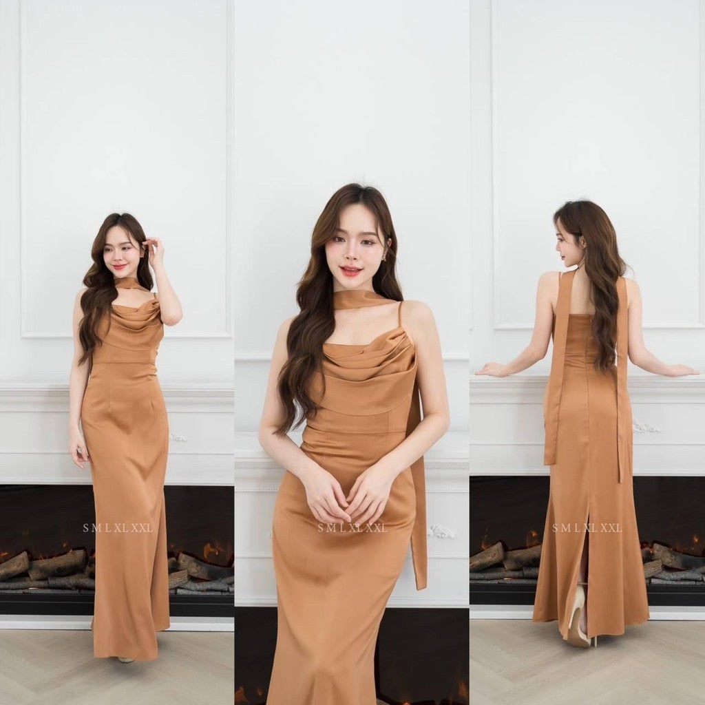 ชุดไปงานแต่ง ชุดไปงานแต่งงาน ชุดเดรส ชุดราตรี N291 ผ้าเครปซาติน เดรสยาว สายเดี่ยว คอถ่วง กระโปรงยาว Woman Dress  ผู้หญิง