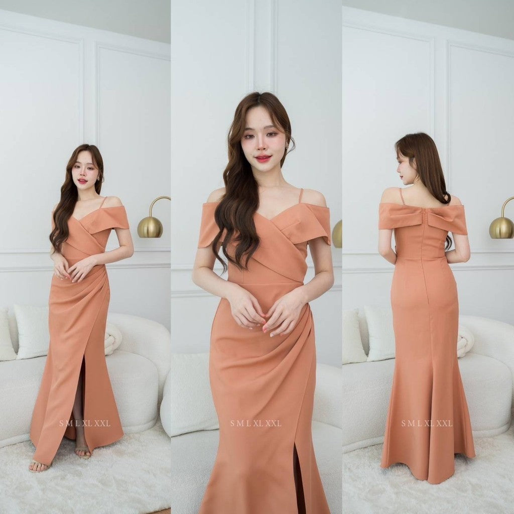 เดรสยาว ชุดออกงาน ชุดราตรียาว เดรสหรู N295 ผ้าโคโค่ สายเดี่ยวอ้อมแขน ต่ออก งานแต่งงาน Woman Dress ซาติน เสื้อผ้า ผู้หญิง