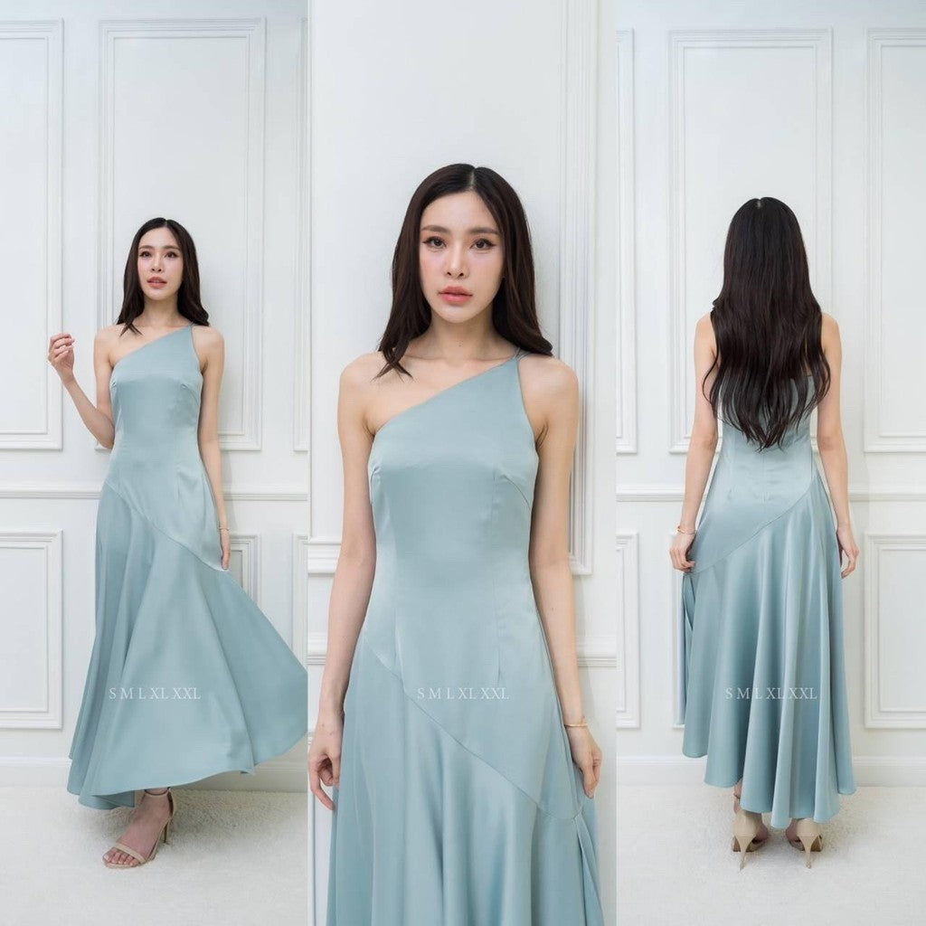ชุดไปงานแต่ง เรียบหรู ดูแพง ชุดราตรี N292 เดรสยาว ปาดไหล่ 2 สาย กระโปรงยาว หางปลา Woman Dress ซาติน เสื้อผ้า ผู้หญิง