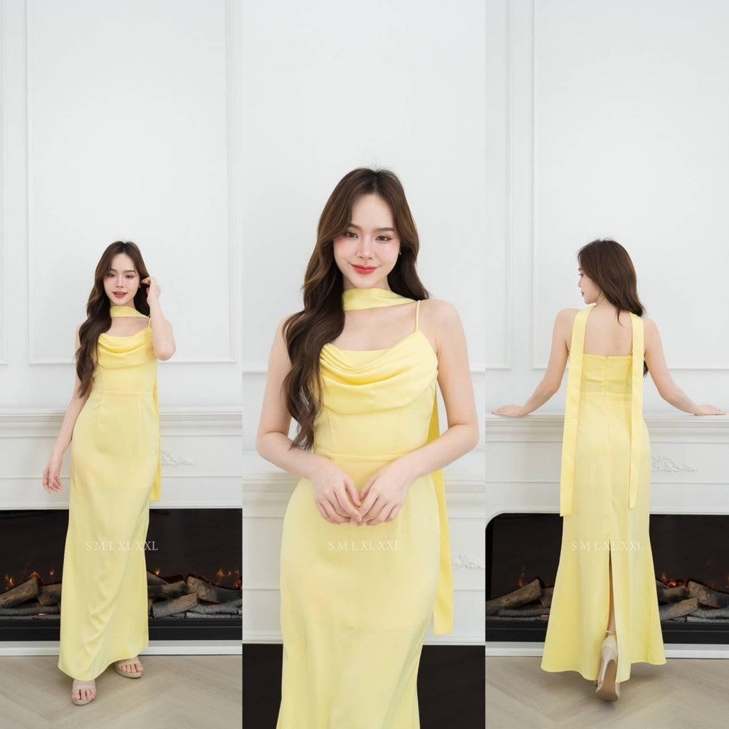 ชุดไปงานแต่ง ชุดไปงานแต่งงาน ชุดเดรส ชุดราตรี N291 ผ้าเครปซาติน เดรสยาว สายเดี่ยว คอถ่วง กระโปรงยาว Woman Dress  ผู้หญิง