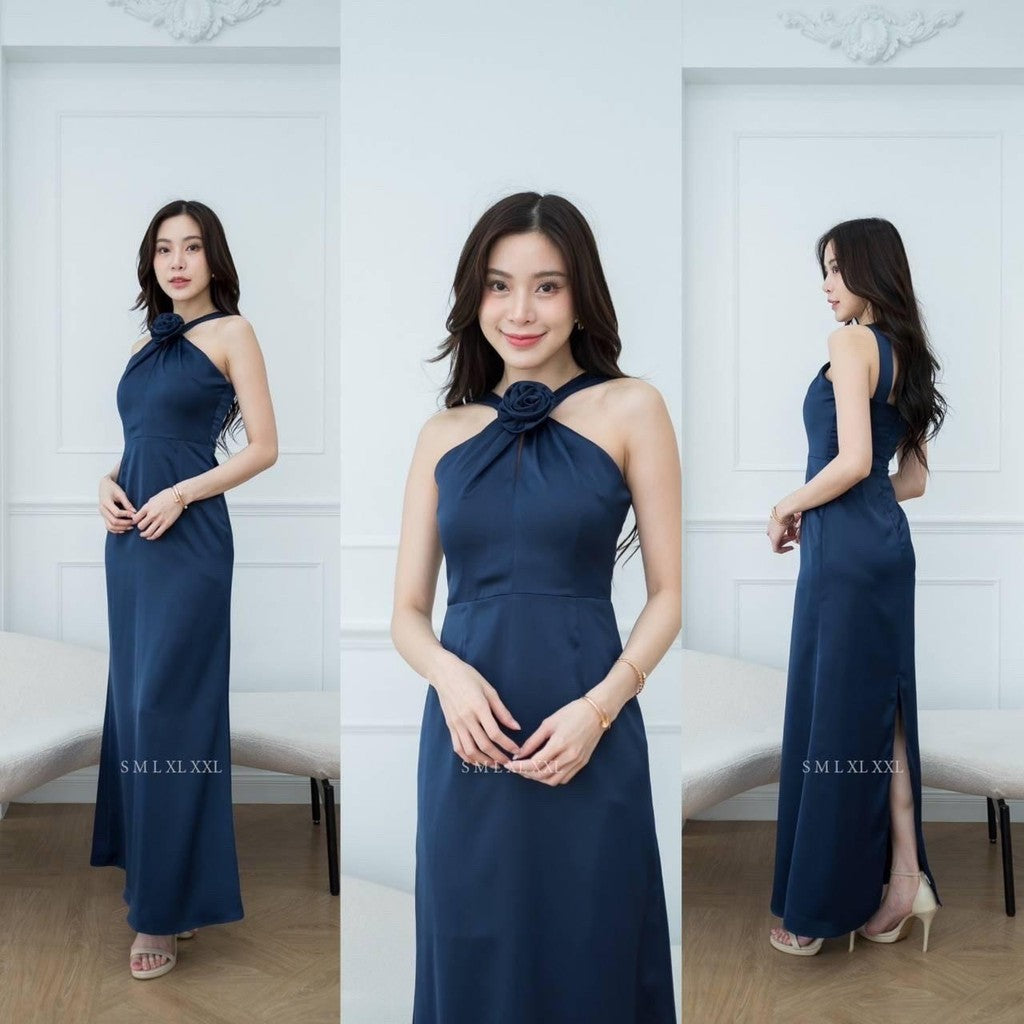 เดรสยาว ชุดออกงาน ชุดราตรียาว เดรสหรู NP040 เกรดพรีเมี่ยม แถมดอกไม้เข็มกลัด 1 ดอก ผูกคอ ผูกแขนได้ Woman Dress