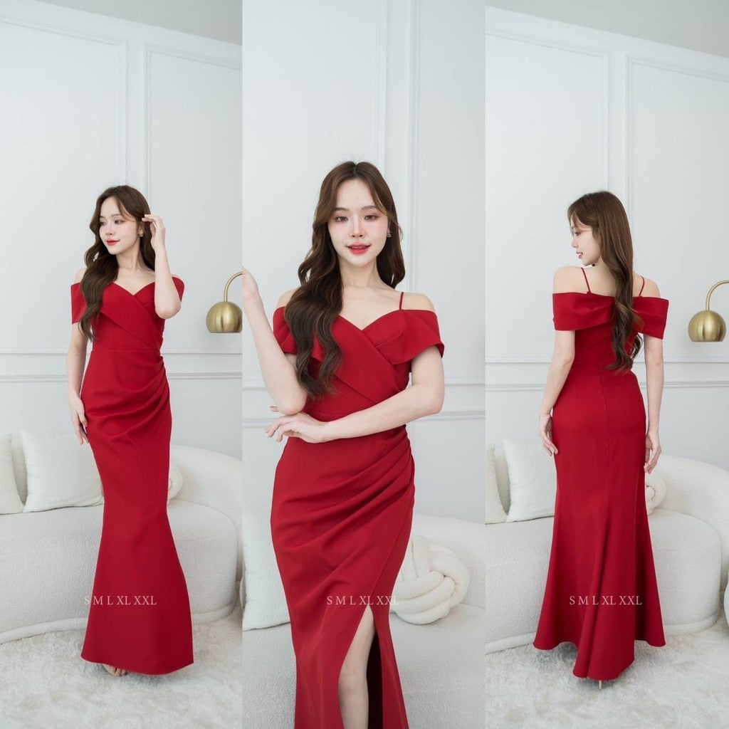 เดรสยาว ชุดออกงาน ชุดราตรียาว เดรสหรู N295 ผ้าโคโค่ สายเดี่ยวอ้อมแขน ต่ออก งานแต่งงาน Woman Dress ซาติน เสื้อผ้า ผู้หญิง