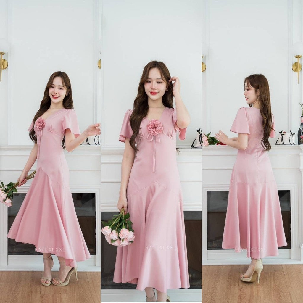 ชุดไปงานแต่ง ชุดเดรสออกงาน ชุดราตรี NP051 เดรสยาว แขนสั้น กระโปรงยาว พริ้ว ดอกไม้ Woman Dress ผู้หญิง
