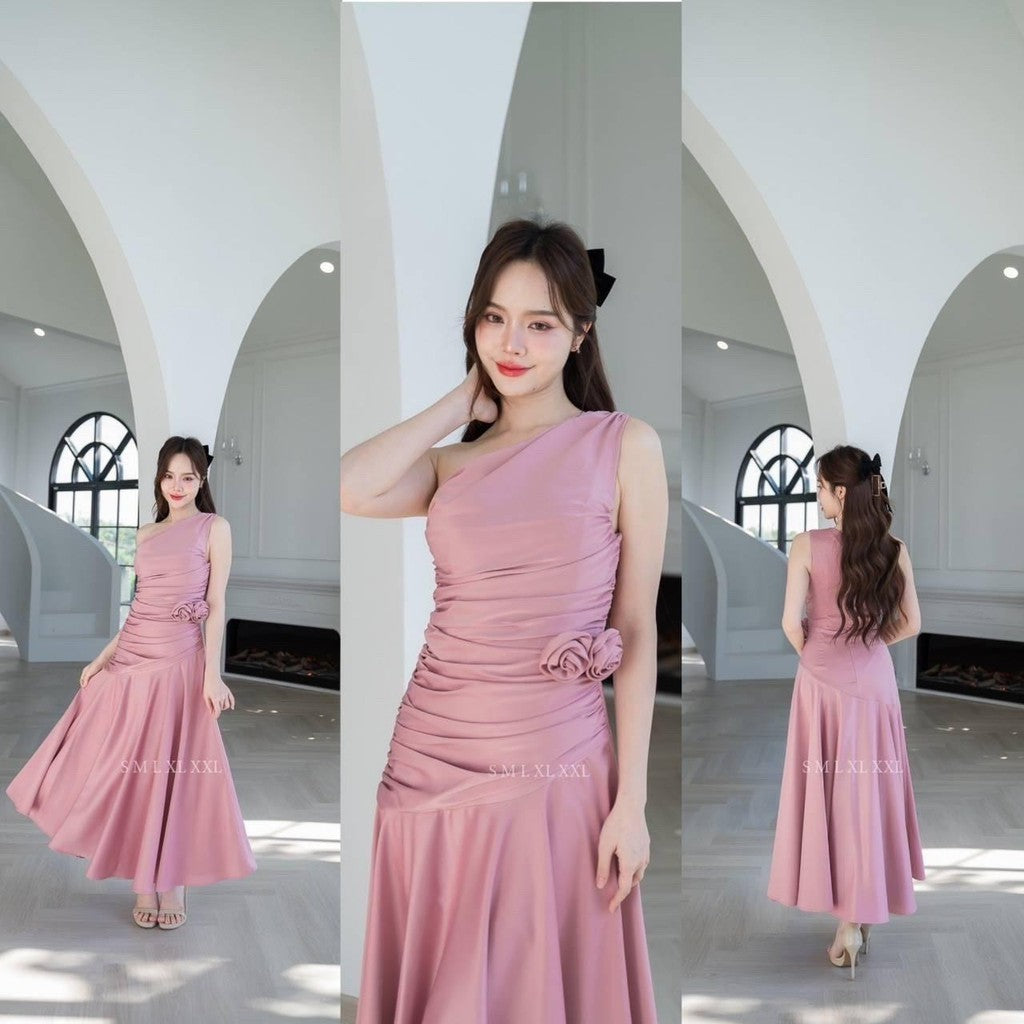 เดรสยาว ชุดออกงาน ชุดราตรียาว เดรสหรู NP050 เกรดพรีเมี่ยม ไหล่เบี่ยง Woman Dress เสื้อผ้า ผู้หญิง