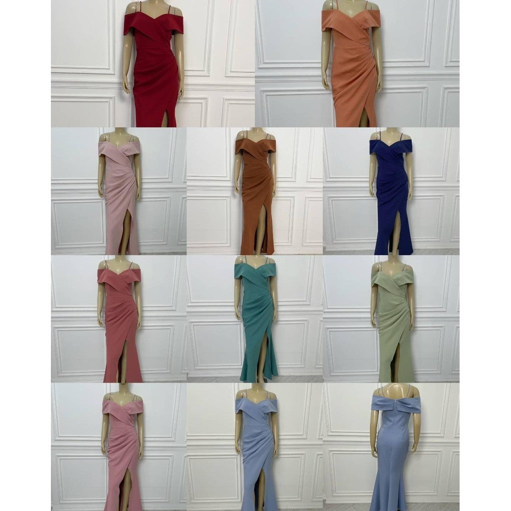 เดรสยาว ชุดออกงาน ชุดราตรี เดรสหรู N295 ผ้าโคโค่ สายเดี่ยวอ้อมแขน ต่ออก Woman Dress ผู้หญิง