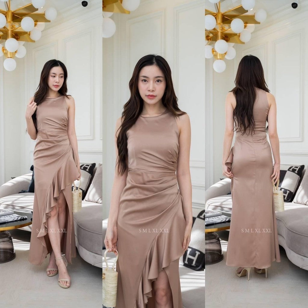 ชุดไปงานแต่ง เรียบหรู ดูแพง ชุดราตรี NP046 เกรดพรีเมี่ยม คอกลม กล้ามแขนกุด กระโปรงจีบ ระบาย Woman Dress เสื้อผ้า ผู้หญิง