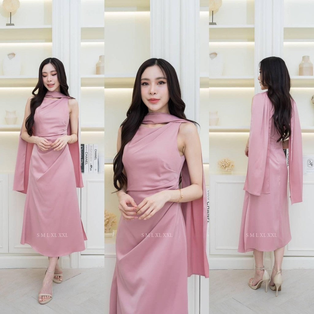 ชุดไปงานแต่ง เรียบหรู ดูแพง ชุดราตรี N293 ผ้าซาติน เดรสยาว คอกลม แขนกุด ผ้าพันคอ งานแต่งงาน Woman Dress เสื้อผ้า ผู้หญิง