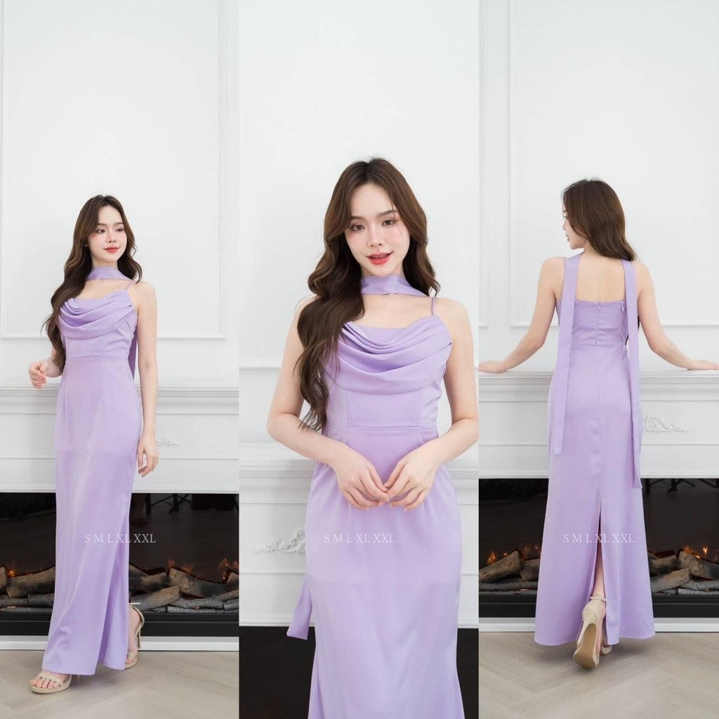ชุดไปงานแต่ง ชุดไปงานแต่งงาน ชุดเดรส ชุดราตรี N291 ผ้าเครปซาติน เดรสยาว สายเดี่ยว คอถ่วง กระโปรงยาว Woman Dress  ผู้หญิง
