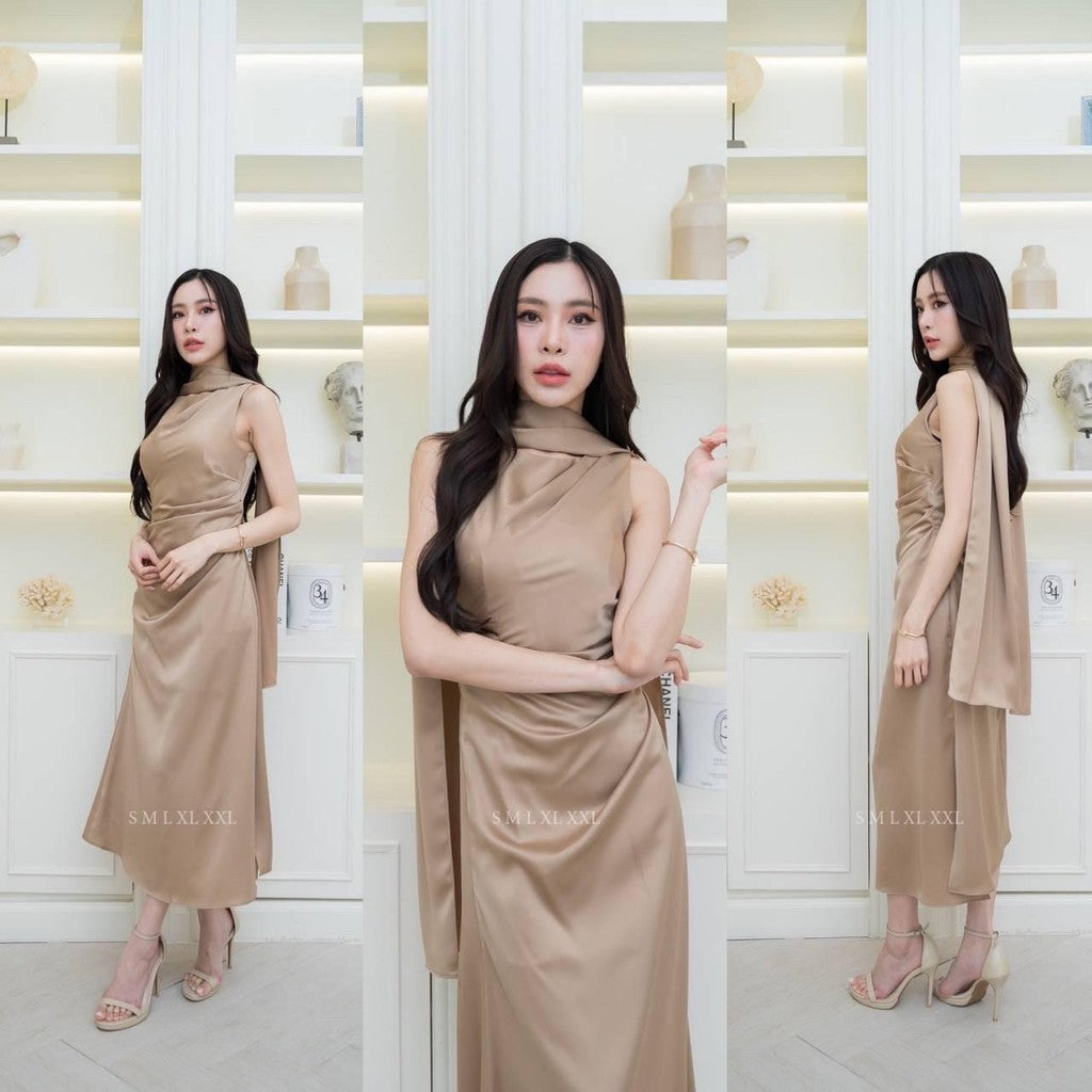 ชุดไปงานแต่ง เรียบหรู ดูแพง ชุดราตรี N293 ผ้าซาติน เดรสยาว คอกลม แขนกุด ผ้าพันคอ งานแต่งงาน Woman Dress เสื้อผ้า ผู้หญิง