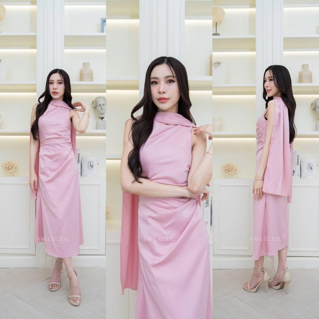 เดรสยาว ชุดออกงาน ชุดราตรี เดรสหรู N293 ผ้าเครปซาติน คอกลม แขนกุด แถมผ้าพันคอ ผู้หญิง Dress Woman