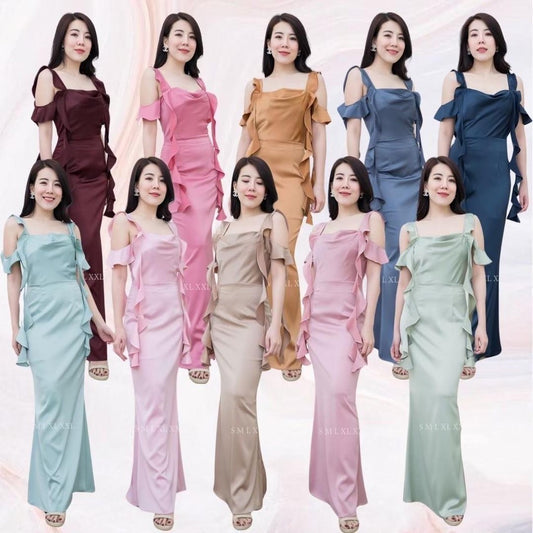 เดรสยาว ชุดออกงาน ชุดราตรียาว เดรสหรู NP033 เกรดพรีเมี่ยม แต่งระบาย สายเกลียว 4เส้น คอถ่วง งานแต่ง Woman Dress