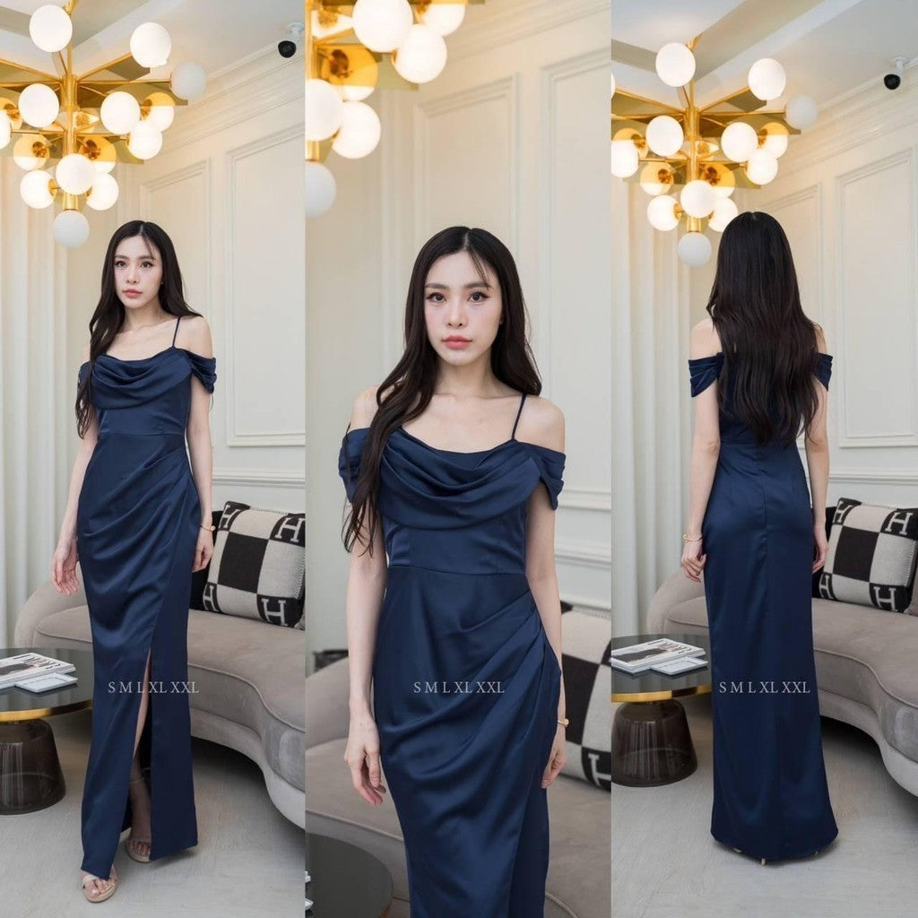 ชุดไปงานแต่ง เรียบหรู ดูแพง ชุดราตรี N294 ผ้าเครปซาติน คอถ่วง3ชั้น ระบาย งานแต่งงาน Woman Dress ซาติน เสื้อผ้า ผู้หญิง