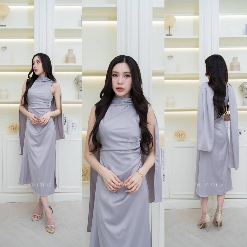 ชุดไปงานแต่ง เรียบหรู ดูแพง ชุดราตรี N293 ผ้าซาติน เดรสยาว คอกลม แขนกุด ผ้าพันคอ งานแต่งงาน Woman Dress เสื้อผ้า ผู้หญิง