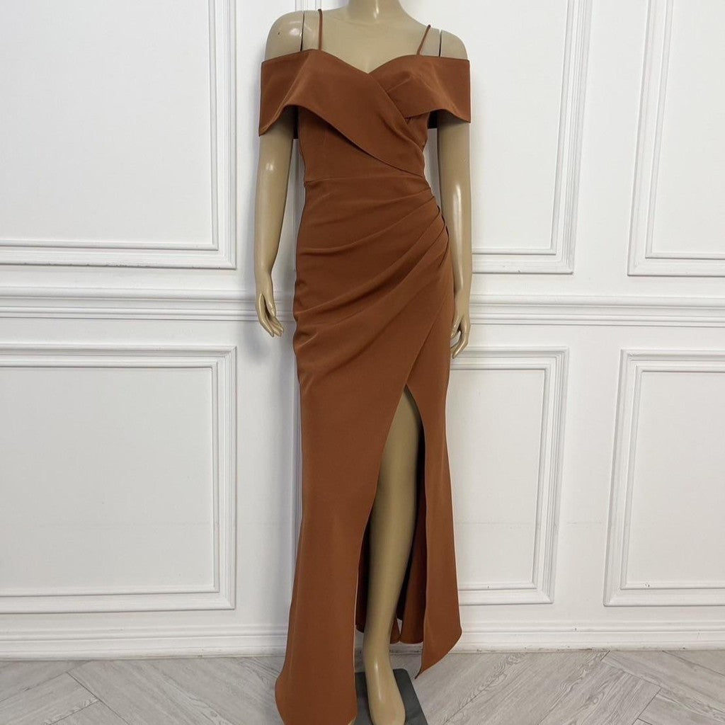 เดรสยาว ชุดออกงาน ชุดราตรี เดรสหรู N295 ผ้าโคโค่ สายเดี่ยวอ้อมแขน ต่ออก Woman Dress ผู้หญิง