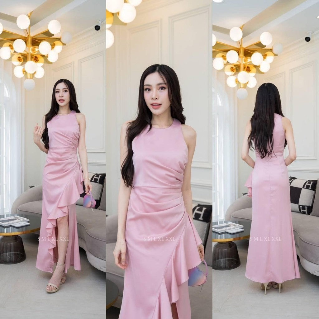 ชุดไปงานแต่ง เรียบหรู ดูแพง ชุดราตรี NP046 เกรดพรีเมี่ยม คอกลม กล้ามแขนกุด กระโปรงจีบ ระบาย Woman Dress เสื้อผ้า ผู้หญิง