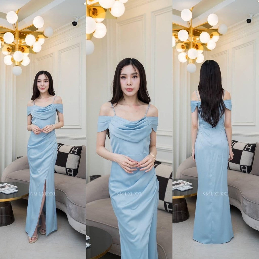 ชุดไปงานแต่ง เรียบหรู ดูแพง ชุดราตรี N294 ผ้าเครปซาติน คอถ่วง3ชั้น ระบาย งานแต่งงาน Woman Dress ซาติน เสื้อผ้า ผู้หญิง