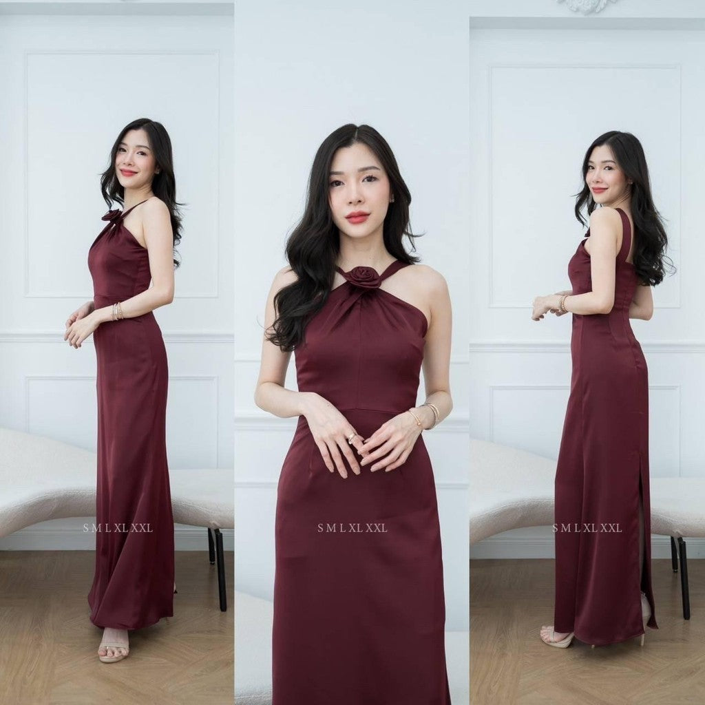 เดรสยาว ชุดออกงาน ชุดราตรียาว เดรสหรู NP040 เกรดพรีเมี่ยม แถมดอกไม้เข็มกลัด 1 ดอก ผูกคอ ผูกแขนได้ Woman Dress