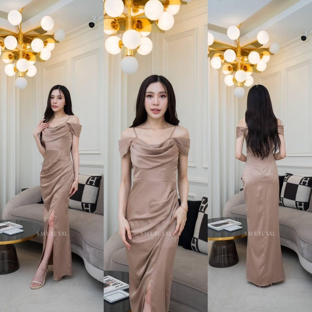 ชุดไปงานแต่ง เรียบหรู ดูแพง ชุดราตรี N294 ผ้าเครปซาติน คอถ่วง3ชั้น ระบาย งานแต่งงาน Woman Dress ซาติน เสื้อผ้า ผู้หญิง