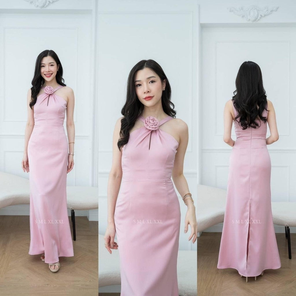 เดรสยาว ชุดออกงาน ชุดราตรียาว เดรสหรู NP040 เกรดพรีเมี่ยม แถมดอกไม้เข็มกลัด 1 ดอก ผูกคอ ผูกแขนได้ Woman Dress