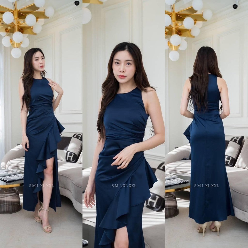 ชุดไปงานแต่ง เรียบหรู ดูแพง ชุดราตรี NP046 เกรดพรีเมี่ยม คอกลม กล้ามแขนกุด กระโปรงจีบ ระบาย Woman Dress เสื้อผ้า ผู้หญิง