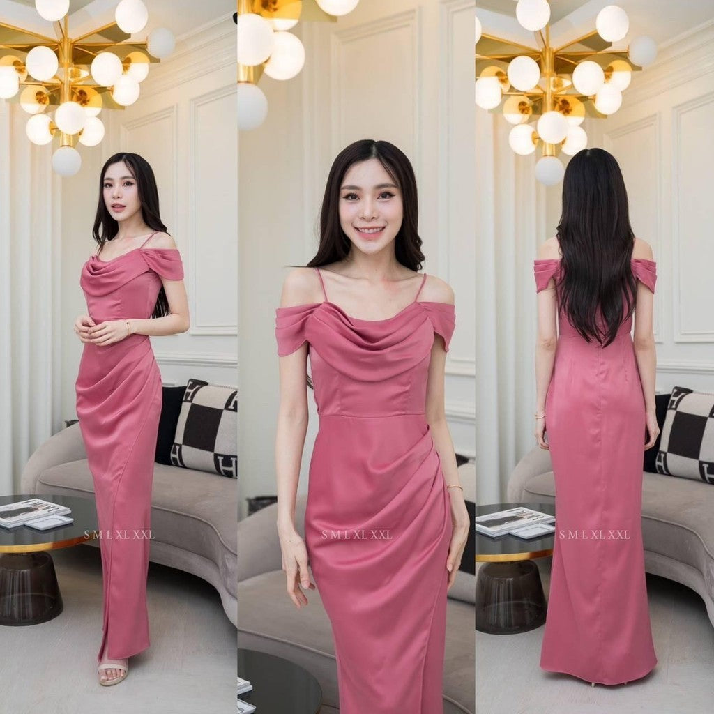 ชุดไปงานแต่ง เรียบหรู ดูแพง ชุดราตรี N294 ผ้าเครปซาติน คอถ่วง3ชั้น ระบาย งานแต่งงาน Woman Dress ซาติน เสื้อผ้า ผู้หญิง