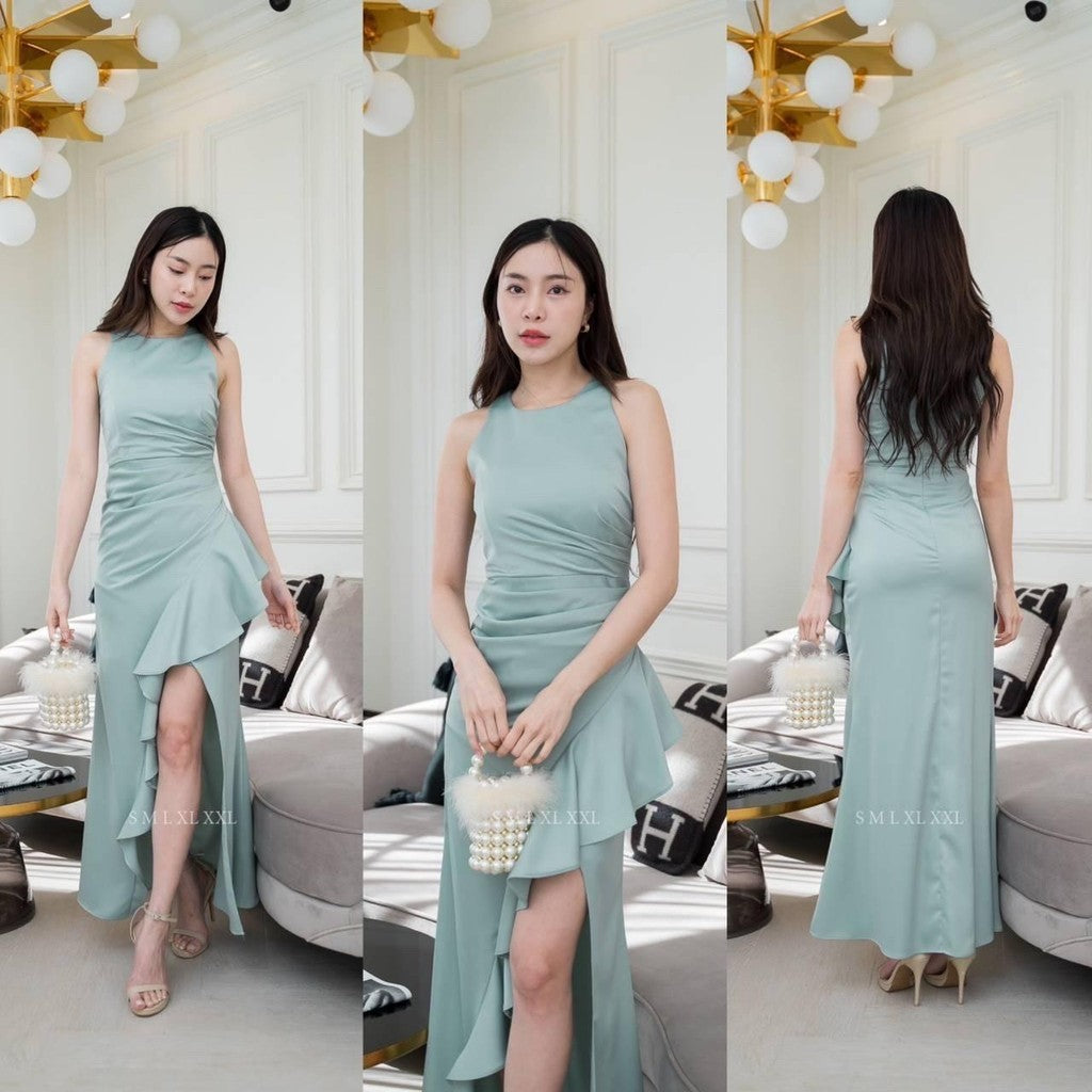 ชุดไปงานแต่ง เรียบหรู ดูแพง ชุดราตรี NP046 เกรดพรีเมี่ยม คอกลม กล้ามแขนกุด กระโปรงจีบ ระบาย Woman Dress เสื้อผ้า ผู้หญิง