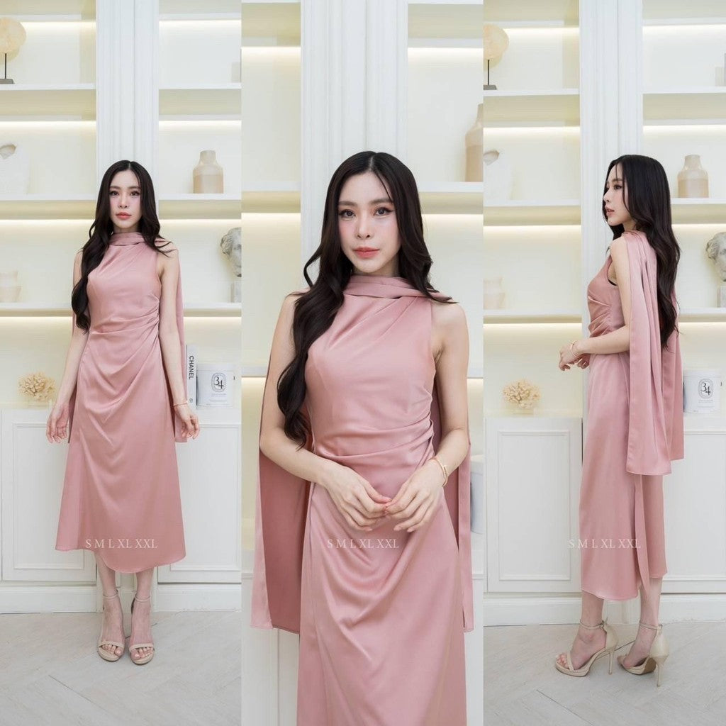 เดรสยาว ชุดออกงาน ชุดราตรี เดรสหรู N293 ผ้าเครปซาติน คอกลม แขนกุด แถมผ้าพันคอ ผู้หญิง Dress Woman