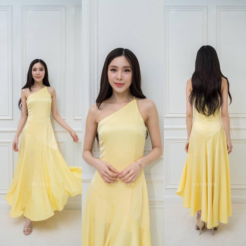 ชุดไปงานแต่ง ชุดไปงานแต่งงาน ชุดเดรส ชุดราตรี N292 ผ้าเครปซาติน เดรสยาว ปาดไหล่ 2 สาย ชายหางปลา งานแต่งงาน Woman Dress