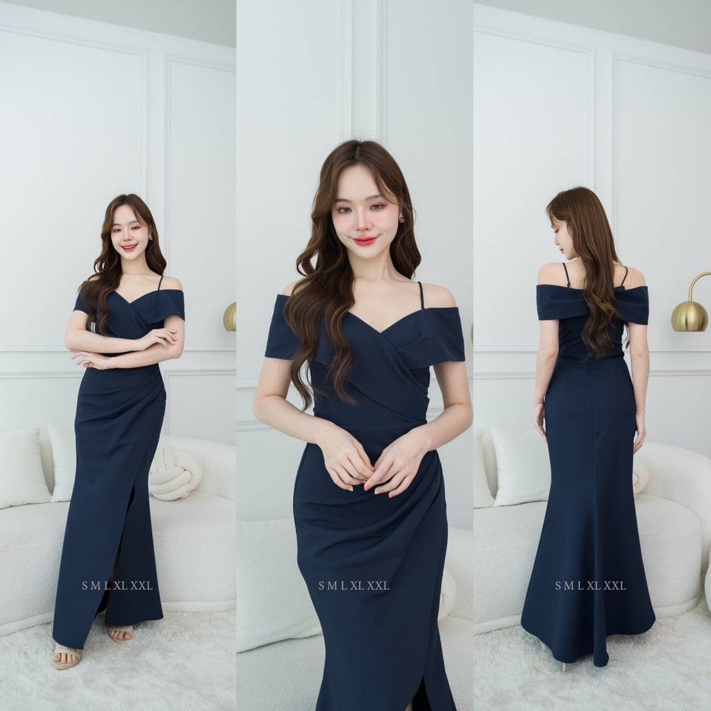 เดรสยาว ชุดออกงาน ชุดราตรียาว เดรสหรู N295 ผ้าโคโค่ สายเดี่ยวอ้อมแขน ต่ออก งานแต่งงาน Woman Dress ซาติน เสื้อผ้า ผู้หญิง