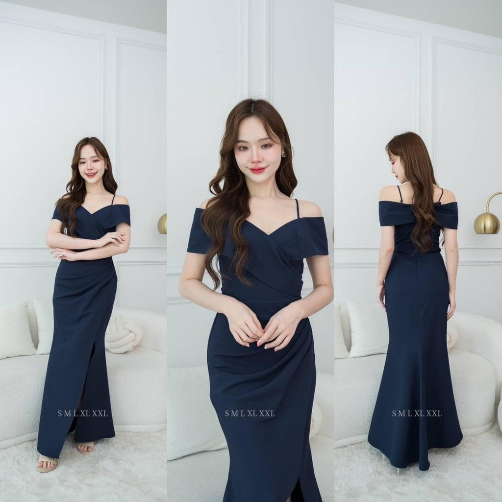 เดรสยาว ชุดออกงาน ชุดราตรี เดรสหรู N295 ผ้าโคโค่ สายเดี่ยวอ้อมแขน ต่ออก Woman Dress ผู้หญิง