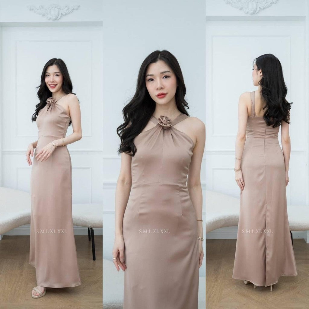 เดรสยาว ชุดออกงาน ชุดราตรียาว เดรสหรู NP040 เกรดพรีเมี่ยม แถมดอกไม้เข็มกลัด 1 ดอก ผูกคอ ผูกแขนได้ Woman Dress