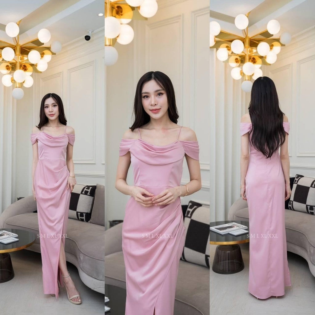 ชุดไปงานแต่ง ชุดไปงานแต่งงาน ชุดเดรส ชุดราตรี N294 ผ้าเครปซาติน คอถ่วง3ชั้น ระบายแยก อิสระ งานแต่งงาน เสื้อผ้า ผู้หญิง