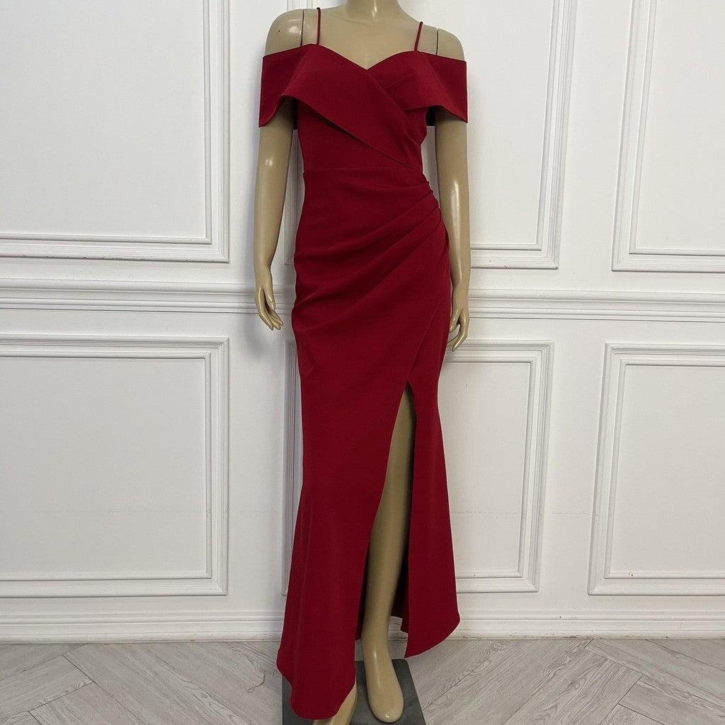 เดรสยาว ชุดออกงาน ชุดราตรี เดรสหรู N295 ผ้าโคโค่ สายเดี่ยวอ้อมแขน ต่ออก Woman Dress ผู้หญิง